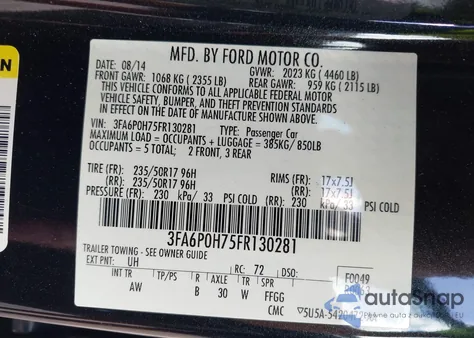 2015 Ford Fusion Se из США, поврежденный, VIN 3FA6P0H75FR130281